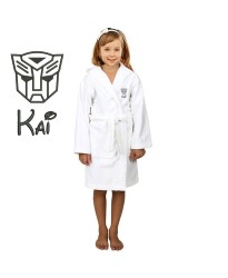 Black Robo Cartoon Design & Custom Name Embroidery on Kids Hooded Bathrobe